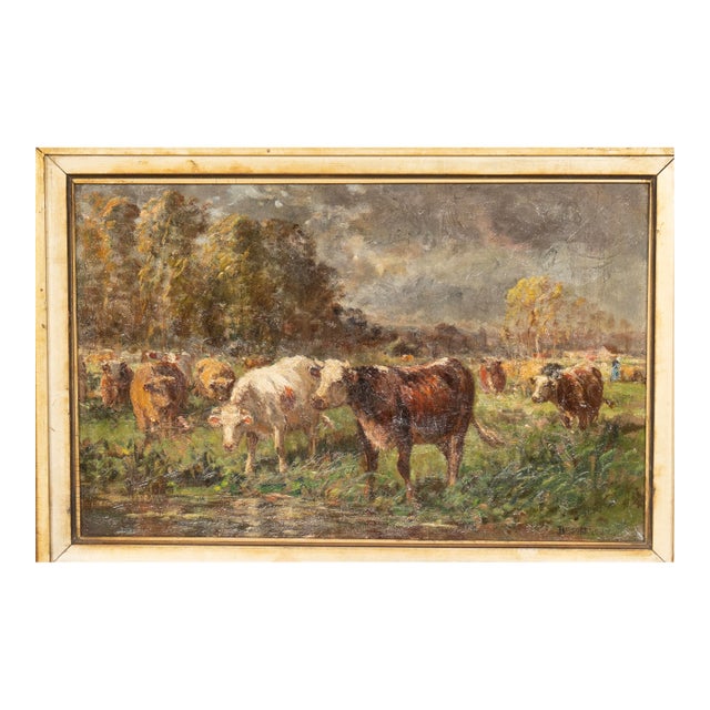 Oil on Canvas Painting of Cows by Raymond Desvarreux For Sale