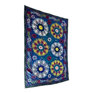 Vintage Hand Sewn Dark Blue Suzani Quilt, Kazakstan For Sale