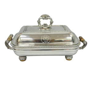 Antique English Georgian Silver Plated Covered Chafing Dish on Wooden Bun Feet