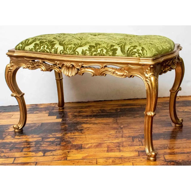 1950s Italian wood gilt bench with cushion insert. Cushion was newly upholstered with a grass green cut velvet fabric....