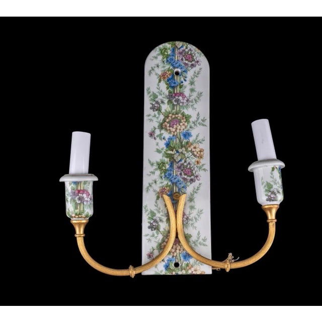 Mid 20th Century Pair of Vintage Porcelaine De Paris Floral & Gilt Two-Arm Wall Sconces — 12”h For Sale - Image 5 of 8