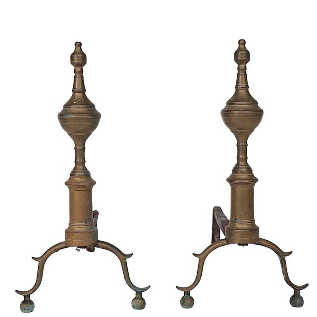 Thomas Chippendale Antique Brass Steeple Form Andirons For Sale - Image 4 of 7