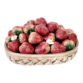 Trompe l'Oeil Italian Majolica Large Ceramic Woven Basket Table Sculpture - Hand Painted Strawberries & White Flowers - Signed Italy - Topiaries For Sale