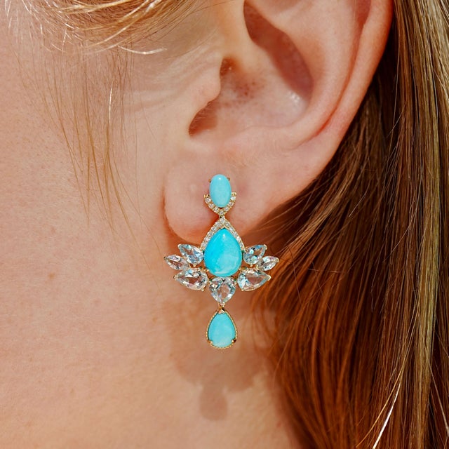 14K Solid Gold Natural Turquoise CTW: 5.80 Natural Aquamarine｜Sky Blue Aquamarine CTW: 4.00 Natural Diamond Grade: G...