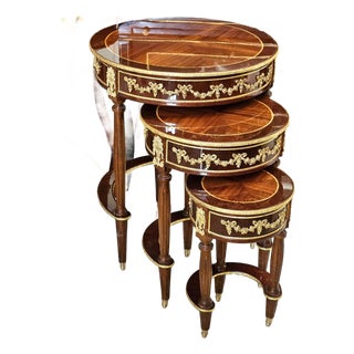 French Nesting Side Tables Set of 3 With Hand-Gilded Gold Leaf Details & Solid Wood Construction For Sale