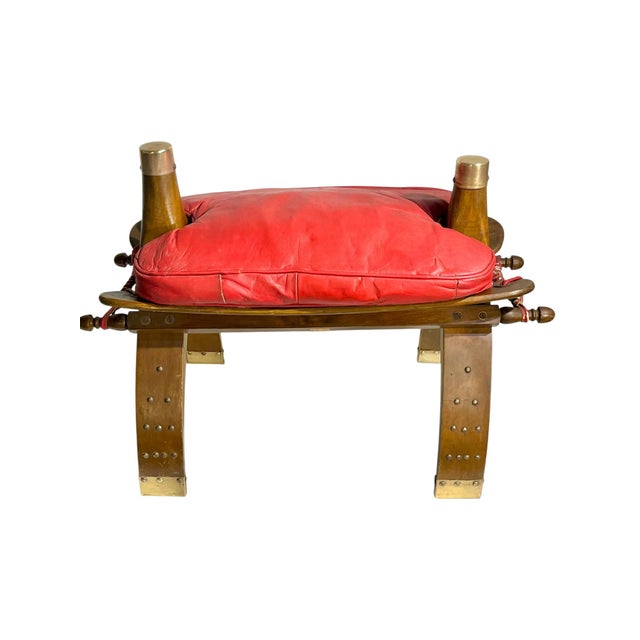 Vintage Camel Saddle Stool With Red Cushion | Folk Art Southwestern Accent Seat For Sale - Image 4 of 18
