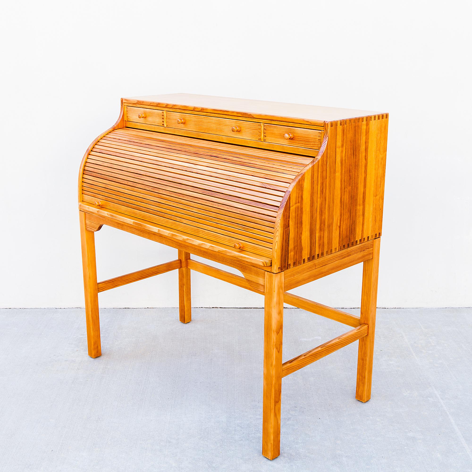 1980s Restored Danish Modern Solid Pine Rolltop Desk by Andreas