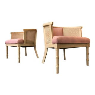 Hollywood Regency Faux Bamboo Cane Barrel Chairs - a Pair For Sale