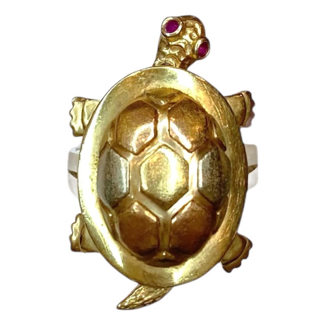 Late 20th Century Large 14k Articulating Turtle Ring With Ruby Eyes For Sale