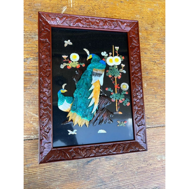 Vintage Chinese Carved Shell and Lacquer Peacock WallHang Artwork, Circa 1950’s For Sale - Image 6 of 18