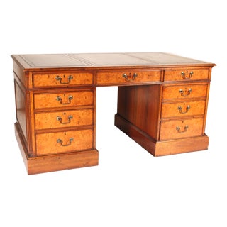 George II Style Burl Elm and Walnut Double Pedestal Desk For Sale