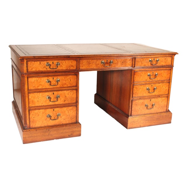 George II Style Burl Elm and Walnut Double Pedestal Desk For Sale