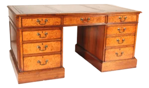 George II Style Burl Elm and Walnut Double Pedestal Desk