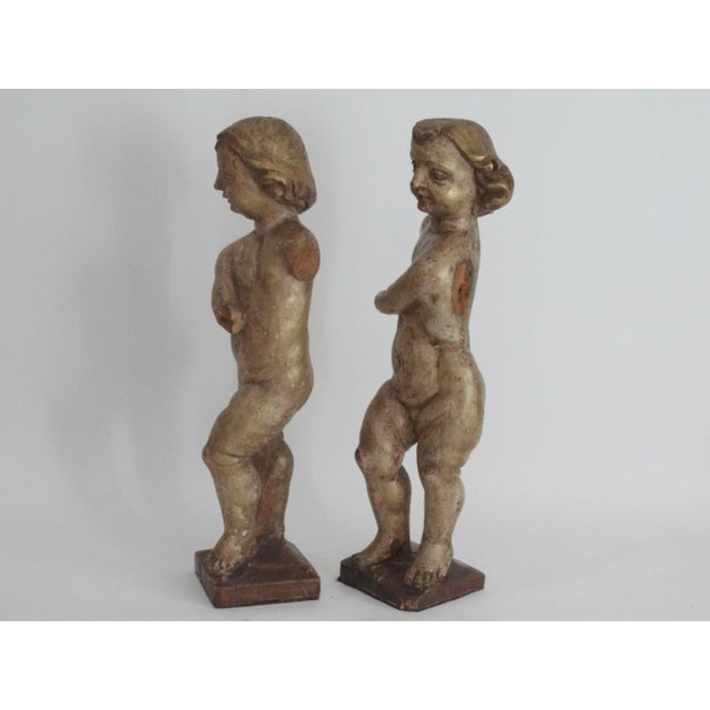 Antique Italian Carved Wood Gilt Putti Angels Sculptures, S/2 For Sale - Image 10 of 11
