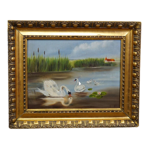 19th Century Biedermeier Painting With Swans on a Lake