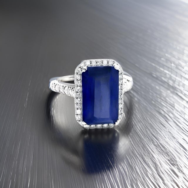 Large look Statement Composite Sapphire And Diamond Ring Size 6.25 and resizable set in 14k White Gold with a total carat...