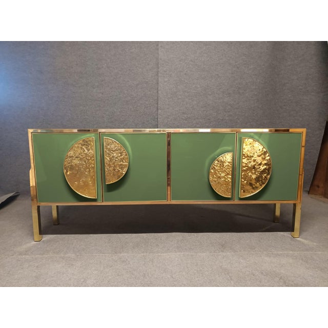Credenza With Green Glass and Brass Fittings and Handles For Sale - Image 6 of 10