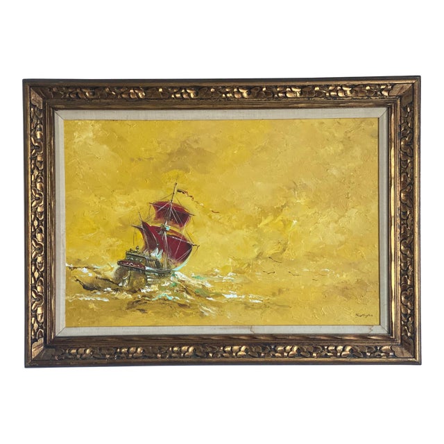 Large Vintage Original Oil Painting by Rj Fowles Wwii Veteran Red Sailing Ship Yellow Ocean Background Framed and Matted For Sale