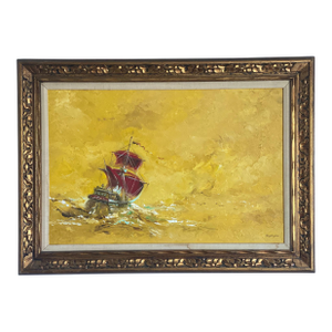 Large Vintage Original Oil Painting by Rj Fowles Wwii Veteran Red Sailing Ship Yellow Ocean Background Framed and Matted