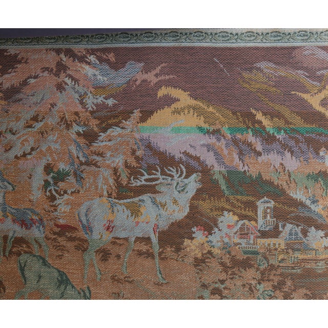 Vintage Alpine Mountain Chalet Deer Woodland Scene Flemish Tapestry For Sale - Image 16 of 18