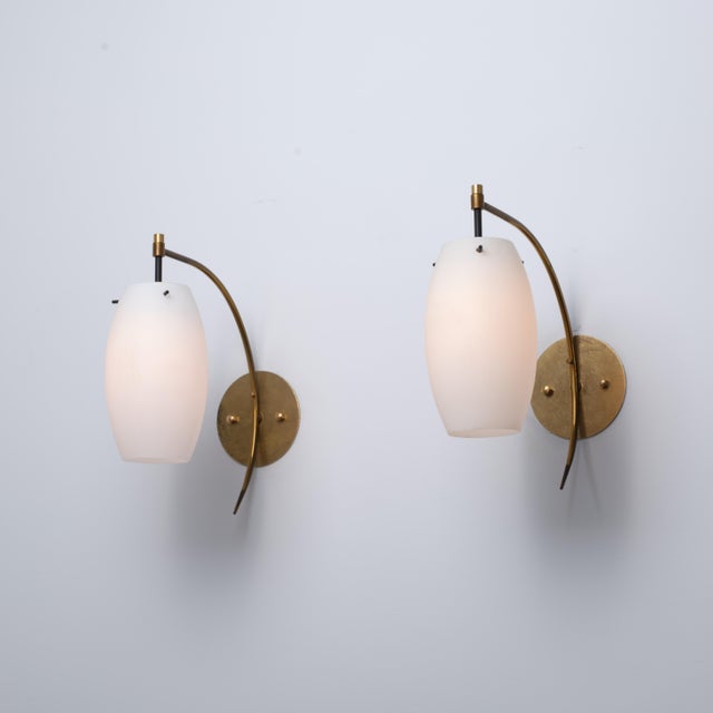 Italian Brass and Opaline Glass Wall Sconces with Arched Arms, 1950s, Set of 2 For Sale - Image 9 of 9