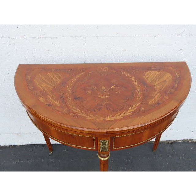 French Demilune Inlay Leather Top Console Flip Top Card Table 6916 For Sale - Image 13 of 18