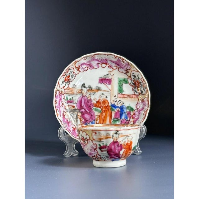 Antique Chinese Canton Famille Rose Porcelain Tea Bowl and Saucer, 18th Century, Set of 2 For Sale - Image 3 of 10