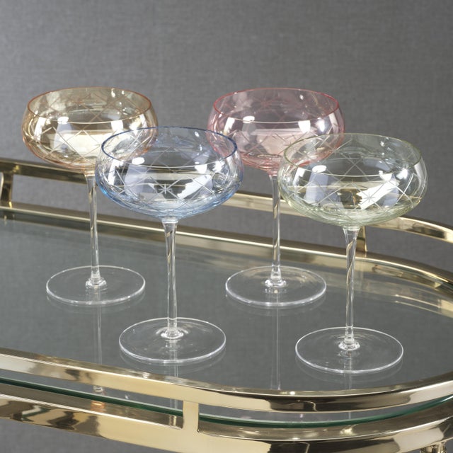2020s Audrey 4-Piece Set Hand Etched Coupe Glasses, Blue Luster For Sale - Image 5 of 8
