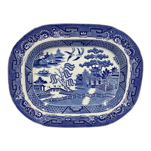 Antique Staffordshire Crown Pottery Ironstone Blue Willow Serving Platter From England - Circa 19th Century