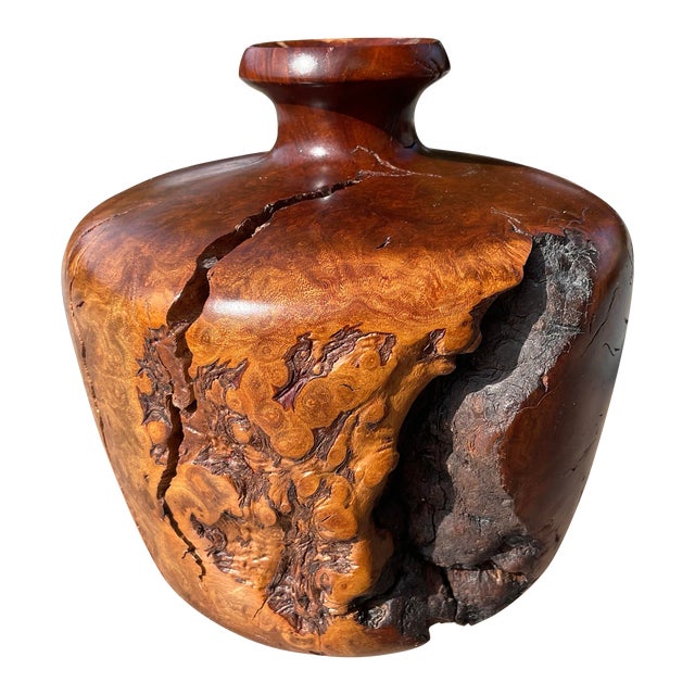 Mid Century Burl Wood Vase With Original Glass Insert For Sale