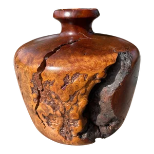 Mid Century Burl Wood Vase With Original Glass Insert