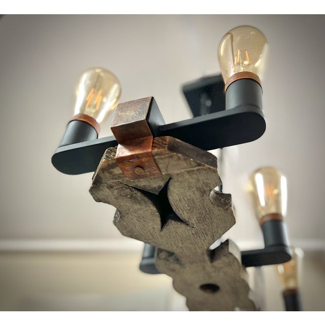 Antique Reclaimed Wood & Black Metal Chandelier With Edison Bulbs - Modern Farmhouse, Industrial, With MCM Flair For Sale - Image 4 of 4