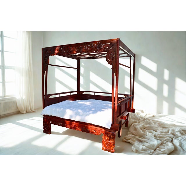 Chinese Late 1800s Antique Chinese Wedding Canopy Bed Hand-Carved With Ornate Detail For Sale - Image 3 of 13