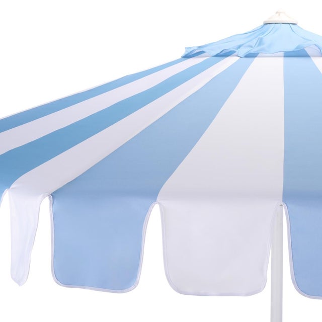 Spritely Home Meze 9 Ft Crank Umbrella, Baby Blue Cabana Stripe/White Pole For Sale - Image 4 of 9