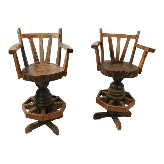Rustic Wagon Wheel Adirondack Swivel Stools after Old Hickory - A Pair For Sale