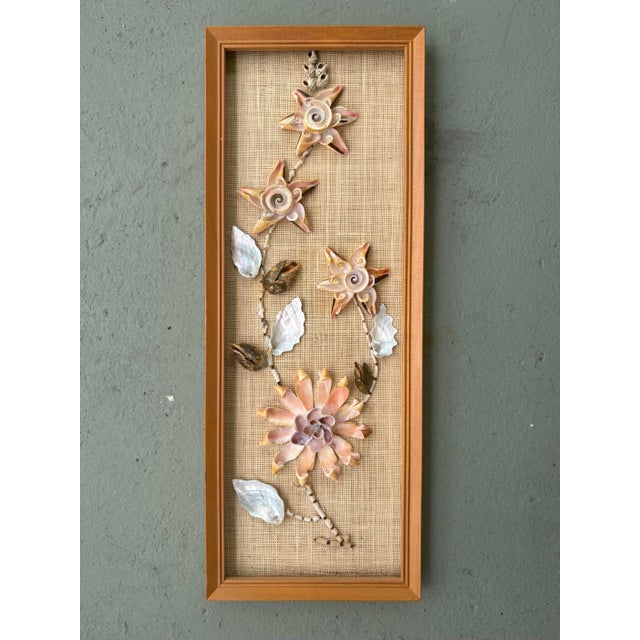 1970s Pair of Vintage Handmade Philippine Seashell Floral Wall Panels on Woven Grasscloth For Sale - Image 5 of 11