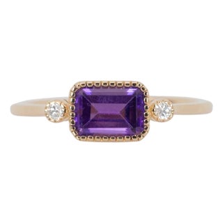 Amethyst Ring With Natural Diamonds Accents: Solid 14k Gold, Emerald Cut 7x5mm, Size 6.75 For Sale