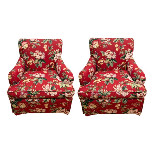 Late 20th Century Hickory Chair Sovereign Collection Red Floral Swivel Chairs - A Pair For Sale