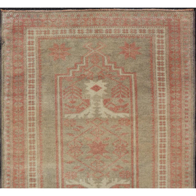 Measures: 2'6 x 3'10 Vintage Turkish Oushak Rug with Geometric Design in Soft Red, and Light Green. Keivan Woven Arts...