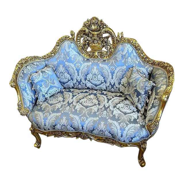 Rococo Style Blue Sofa With Gold Details For Sale