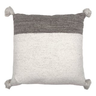 Handwoven Wool Pillow Cover 20x20 With Tassels Ivory & Taupe Textured Weave - Handcrafted in India For Sale