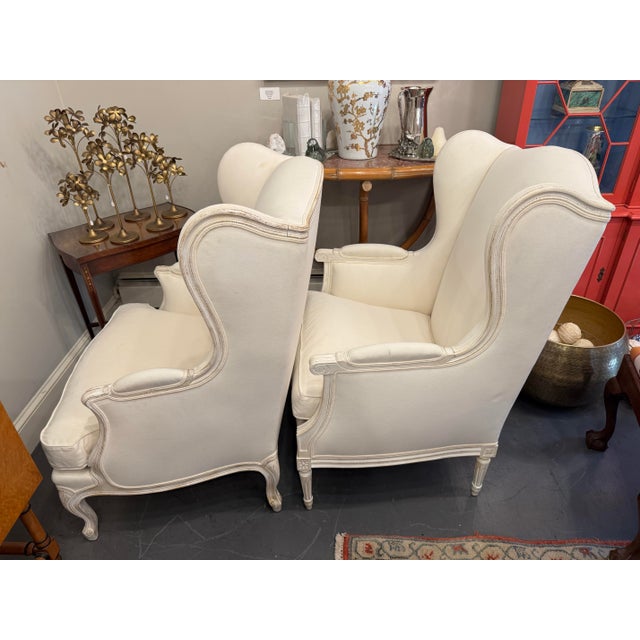 Textile Vintage French Louis XVI Wingback Linen Mr and Mrs Chair For Sale - Image 7 of 7