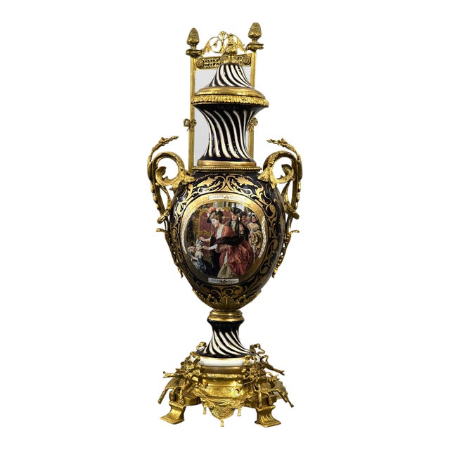 Ornate Navy Blue Porcelain Vase – Romantic European Scene With Gilded Gold & Bronze Details For Sale