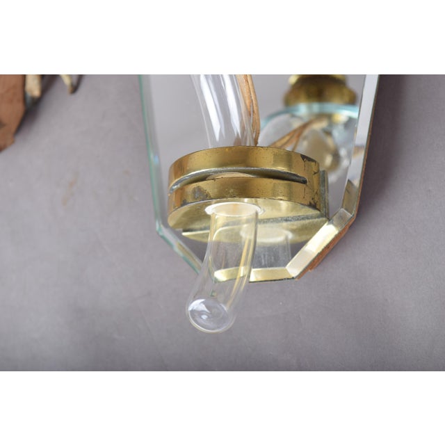 Art Deco French Mirrored Glass and Brass Wall Sconces, 1940s, Set of 2 For Sale - Image 6 of 17