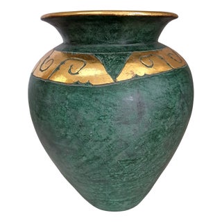Large Vintage Tuscan Style Green and Gilt Terracotta Amphora Floor Vase, 1980s For Sale
