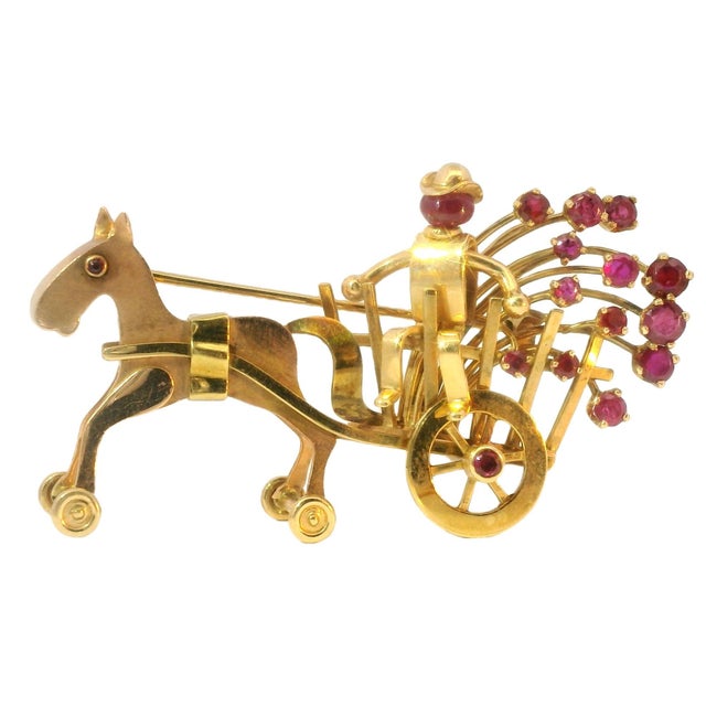 Mid-Century Modern Mid 20th Century 14k Gold Carriage Horse Brooch Antique With Rubies and Movable Wheels For Sale - Image 3 of 4