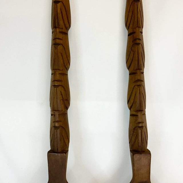 1970s 1970s Boho Chic Tiki Hand Carved Wooden Fork & Spoon, Large Scale - A Pair For Sale - Image 5 of 9