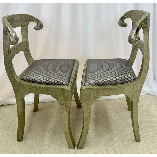 Pair of Neoclassical Side Chairs, Wrapped Metal, Rams Heads, Europe Gustavian For Sale In New York - Image 6 of 13