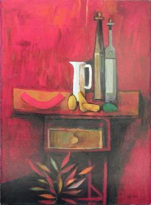 2005 “Red Room, White Pitcher” Red Toned Interior Still Life by David Adickes