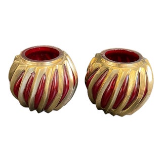 Vintage Ruby Caged Bubble Glass & Spiral Brass Votive Candle Holders - a Pair For Sale
